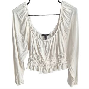 Forever 21 White Scoop-Neck Smocked Ruffle Crop Top